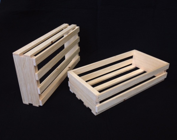 Two custom open-top wooden crates designed for gift packaging, retail displays, and specialty food presentations.